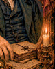 Dark academia poster artwork with ravens, manuscripts, candlelight, and haunted mansion mystery
