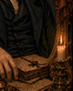Dark academia poster artwork with ravens, manuscripts, candlelight, and haunted mansion mystery
