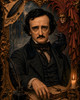 Edgar Allan Poe gothic portrait surrounded by ravens, manuscript pages, candlelight, and haunted mansion shadows