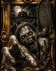 Decaying zombie reaching from an ornate gothic frame under eerie moonlight