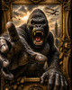 King Kong inspired giant ape monster bursting through an ornate frame above a vintage city skyline