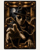 Classic Invisible Man portrait with bandaged face, goggles, and dark fedora in gothic London
