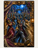 Gothic skeleton procession under a full moon with ornate cemetery architecture and haunted atmosphere