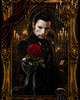 Masked phantom in black formalwear holding a red rose inside an ornate gold haunted portrait