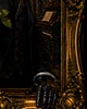 Masked gentleman portrait with red rose, black ribbon, gothic candles, and haunted mansion details