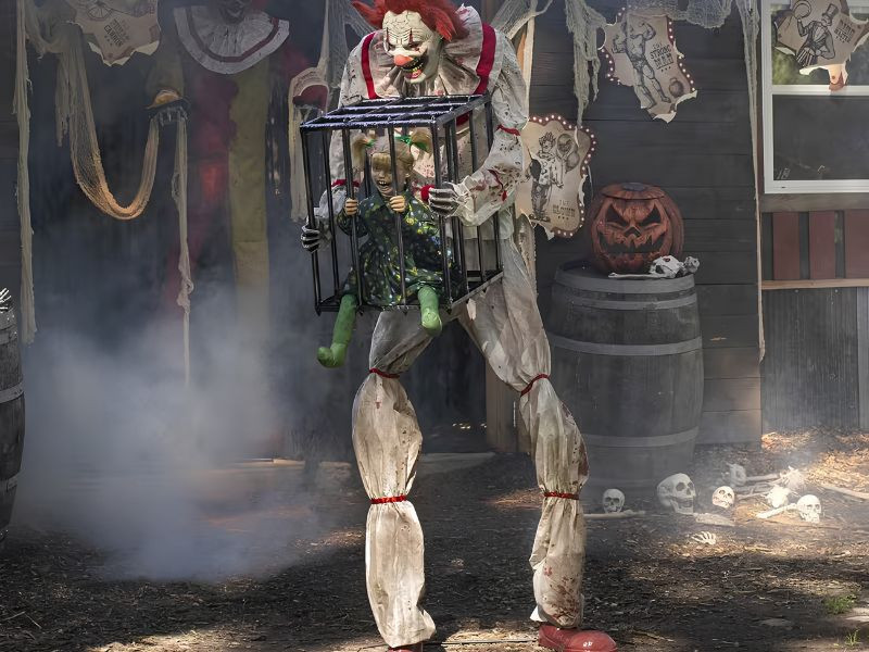 Giant scary clown animatronic with glowing eyes and orange hair