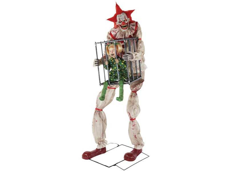 7 ft animated Cagey the Clown Halloween prop holding child cage