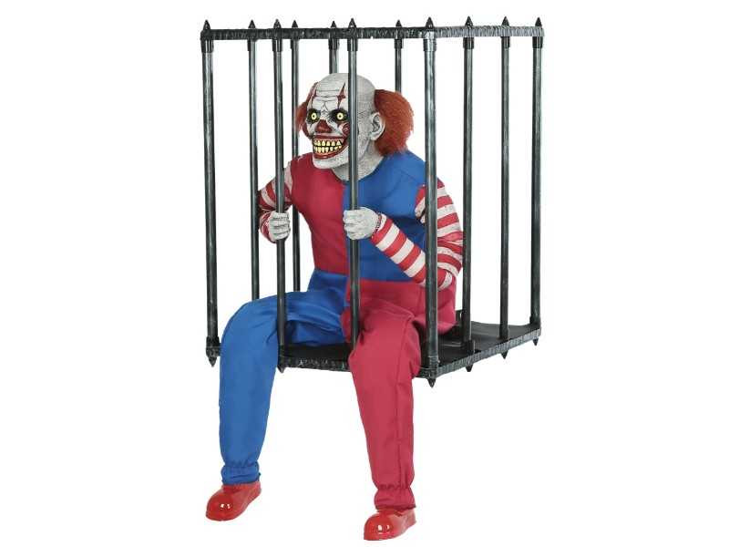animated caged clown walk around halloween prop with rocking clown