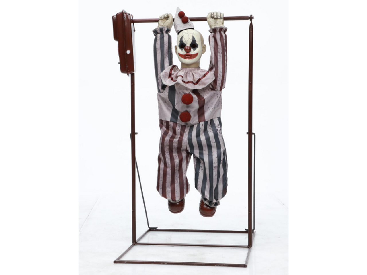 Animated Tumbling Clown Doll

Step right up and bring the circus to your home! Watch as this 3-foot Tumbling Clown Doll does a party trick for you and your guests. This Tumbling Clown Doll flips over the bar in circles to the creepy sounds of Circus Calliope Music. Motion Sensor activates teh Tumbling and the Music. Easy assembly with Quick Connect Metal Frame. Make the Tumbling Clown Doll a unique addition to your Halloween clown or haunted circus collection.

Packaging: Box with Color Label.

Features:

Animated Tumbling Movement
Circus Calliope Music Plays
Plug-In Adapter
Recommended Use: Indoor
Easy Assembly with Quick Connect Metal Frame