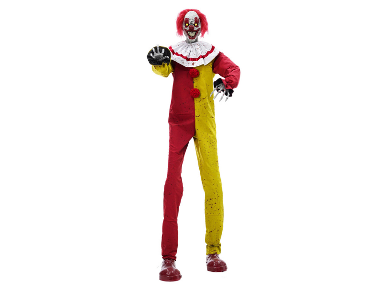 Animated Pesky The Clown Prop

Don’t turn your back on the towering 7-foot Pesky the Clown Animated Prop or he just might go crazy! That’s not red paint on his costume! Watch him speak several funny but scary phrases for you as his eyes glow yellow, head turns side to side and jaw moves. His classic clown face with a skeletal look matches his skeletal hands, which makes for a good scare this Halloween.  Make sure you give him your undivided attention or else.

Packaging: Box with Color Label

Features

Turning Skeletal Clown Head
Moving Jaw
Light-Up Eyes
Speaks Several Phrases
Plugs Into any Standard Outlet
Recommended Use: Indoor
Simple Assembly Required