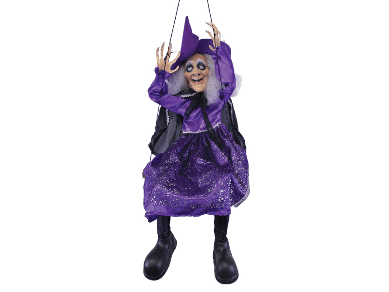 39-Inch Kicking Witch On Swing

Add some giggles to your next haunted scene with our fun Kicking Witch on a Swing!

Her Eyes Light Up when she speaks, and her Legs kick periodically. She has little black witch boots, a deep purple Satiny Dress with a silver glitter overlay and silver braid trim. She has a little Black Cape with matching silver braid that ties at the neck. Fluffy greyish-white hair covers her shoulders, and she has a black witch hat with more glitter on the hat band. She hangs by a black satiny cord that extends from the swing seat to her hands and creates the hanging loop.  

Requires 3 AA Batteries not included. 

Features

Funny Hanging Witch Kicks her Legs
Eyes Light Up Red and She Speaks while Kicking
Colorful Purple Dress with Silver Glitter and Trims
 