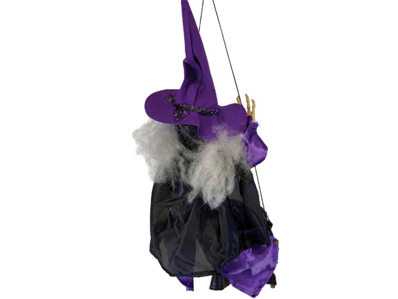 39-Inch Kicking Witch On Swing

Add some giggles to your next haunted scene with our fun Kicking Witch on a Swing!

Her Eyes Light Up when she speaks, and her Legs kick periodically. She has little black witch boots, a deep purple Satiny Dress with a silver glitter overlay and silver braid trim. She has a little Black Cape with matching silver braid that ties at the neck. Fluffy greyish-white hair covers her shoulders, and she has a black witch hat with more glitter on the hat band. She hangs by a black satiny cord that extends from the swing seat to her hands and creates the hanging loop.  

Requires 3 AA Batteries not included. 

Features

Funny Hanging Witch Kicks her Legs
Eyes Light Up Red and She Speaks while Kicking
Colorful Purple Dress with Silver Glitter and Trims
 