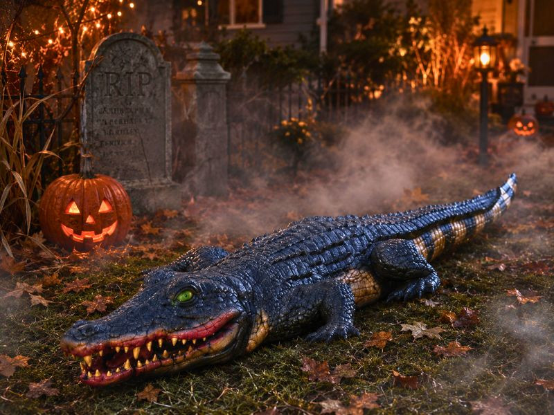 Realistic 4 foot swamp alligator Halloween prop in a foggy yard display with pumpkins and lanterns