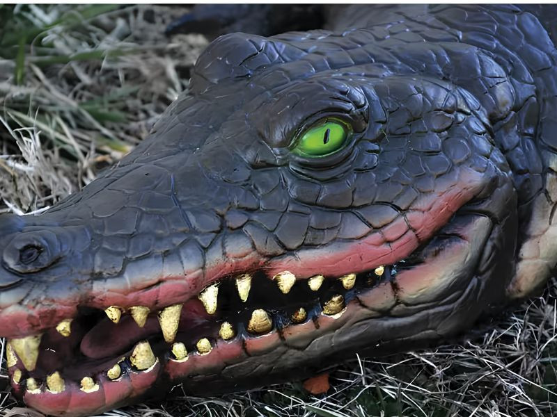 Close-up of realistic alligator crocodile Halloween yard prop with sharp teeth and green eyes