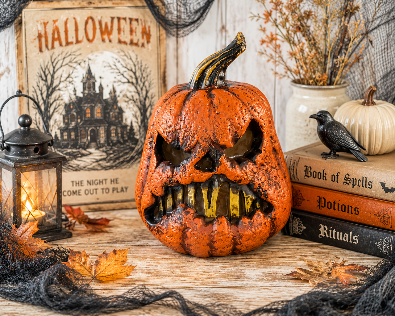 Scary jack o lantern Halloween prop with candles books and haunted fall decor background