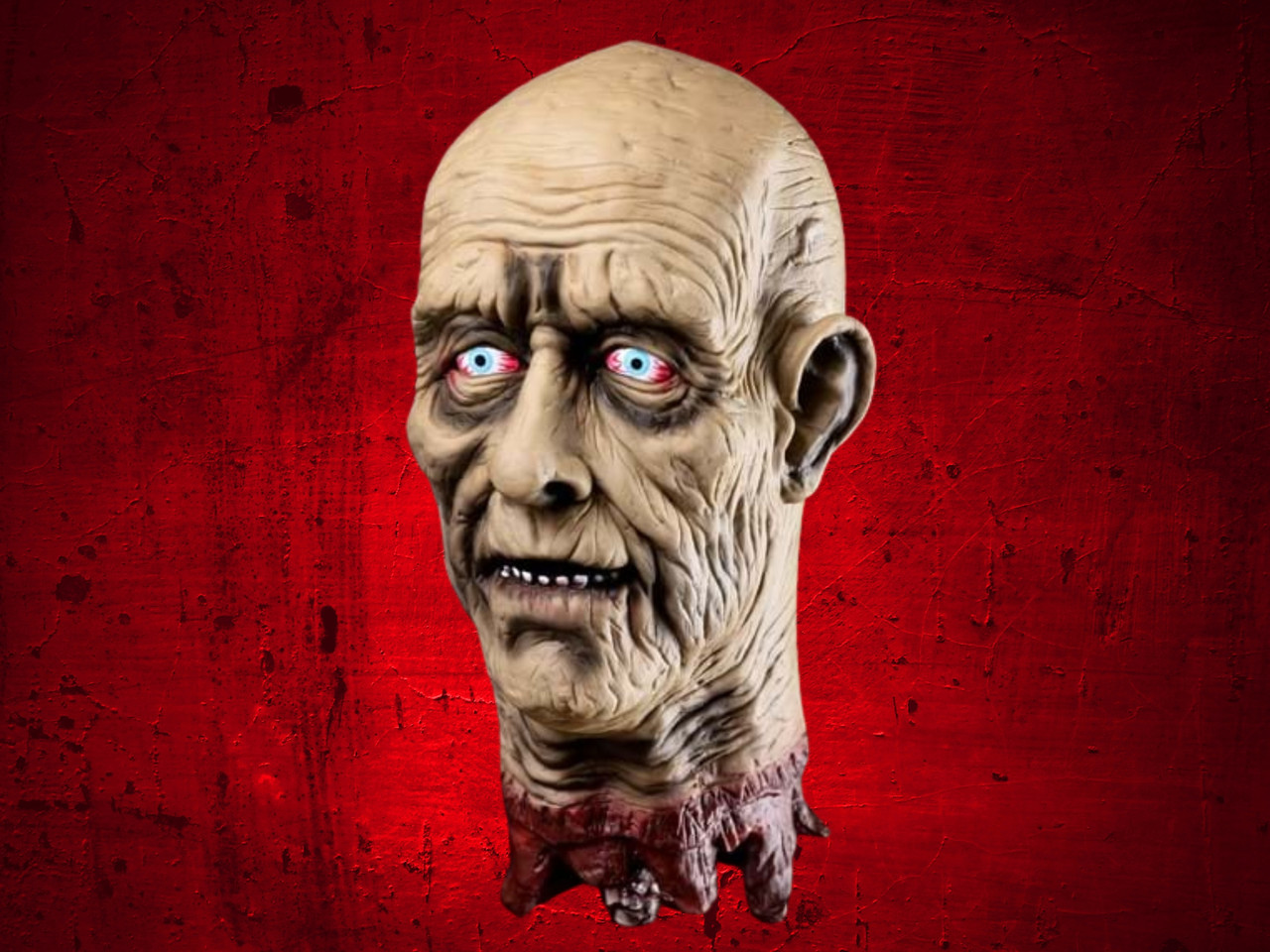 Bloody hanging head prop with dead-gray flesh tone