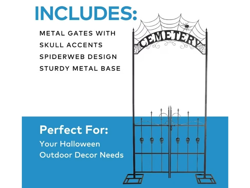 Dimensions and assembled size of the 8.5 ft cemetery archway gate Halloween prop