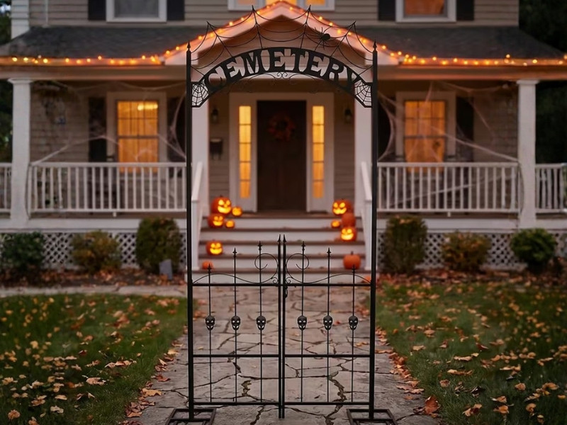 8.5 ft cemetery archway gate decorating a haunted house entrance for Halloween