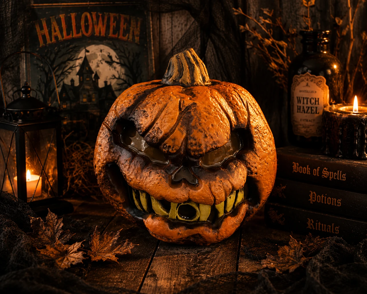 Spooky Halloween still life pumpkin decor