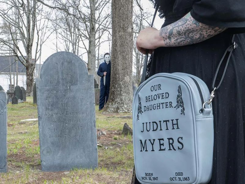 Judith Myers tombstone horror bag with adjustable strap vegan leather Halloween collectible purse