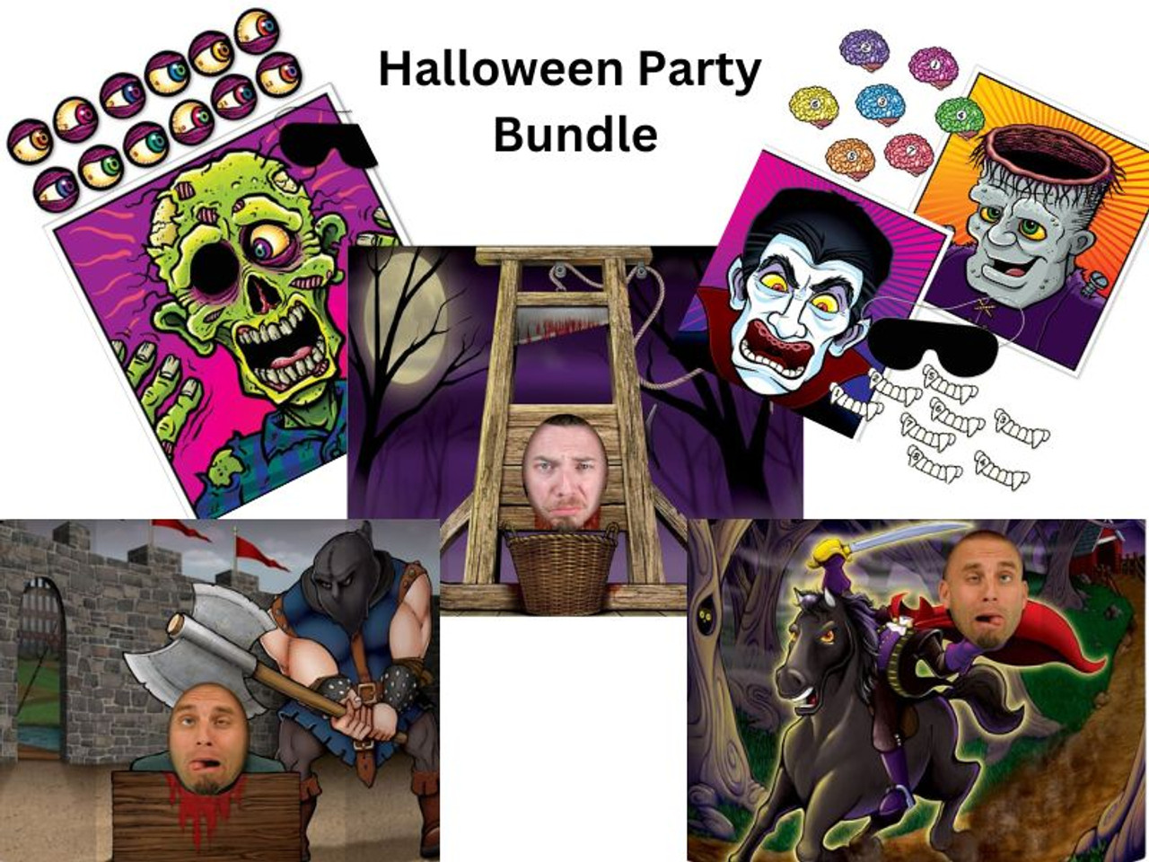 Kids Halloween Party Games Bundle - Zombie, Frankenstein, Dracula + Photo Props