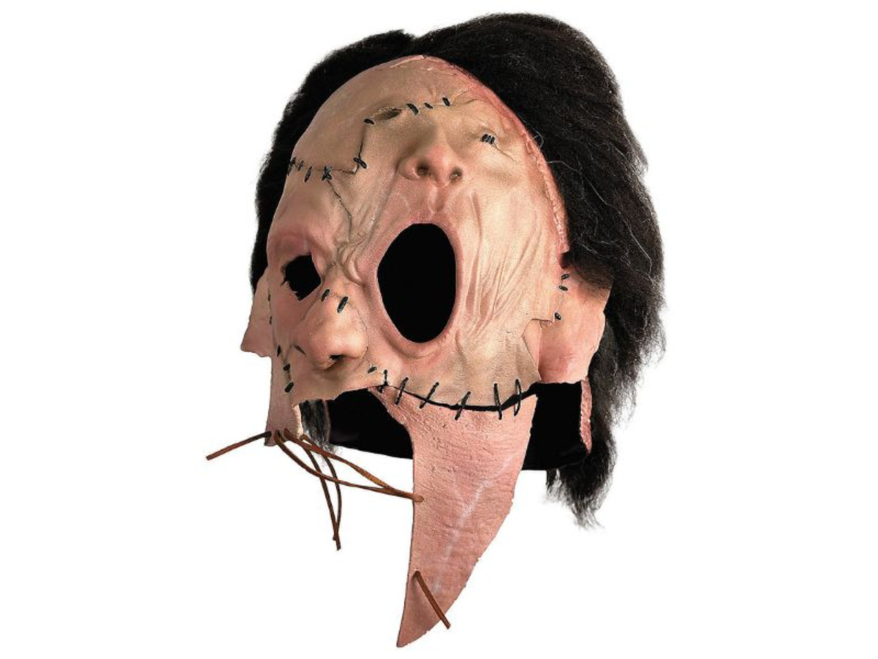 Nicotero Leatherface Mask - Side View of Latex Mask with Stitched Skin and Hanging Straps