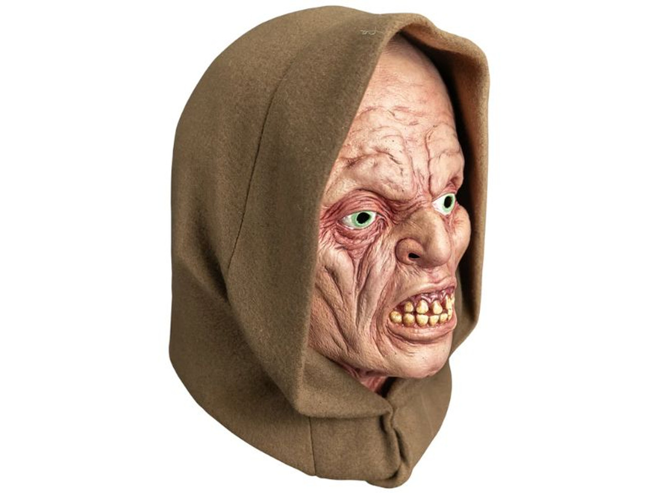 Scary latex Minion Lurker mask with detailed features and detachable hood

