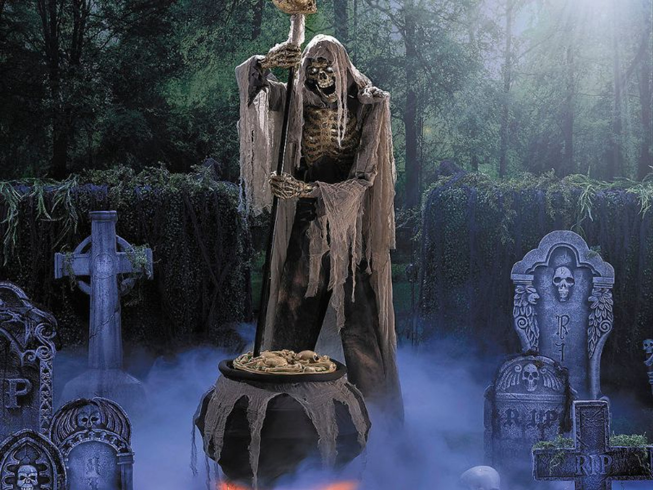 Animated Light-Up Skeleton Stirring Cauldron