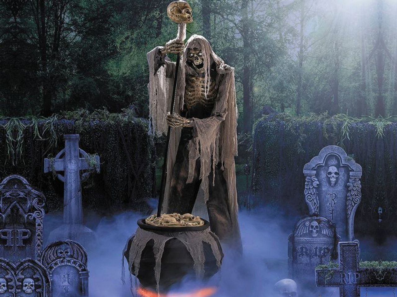Animated Light-Up Skeleton Stirring Cauldron