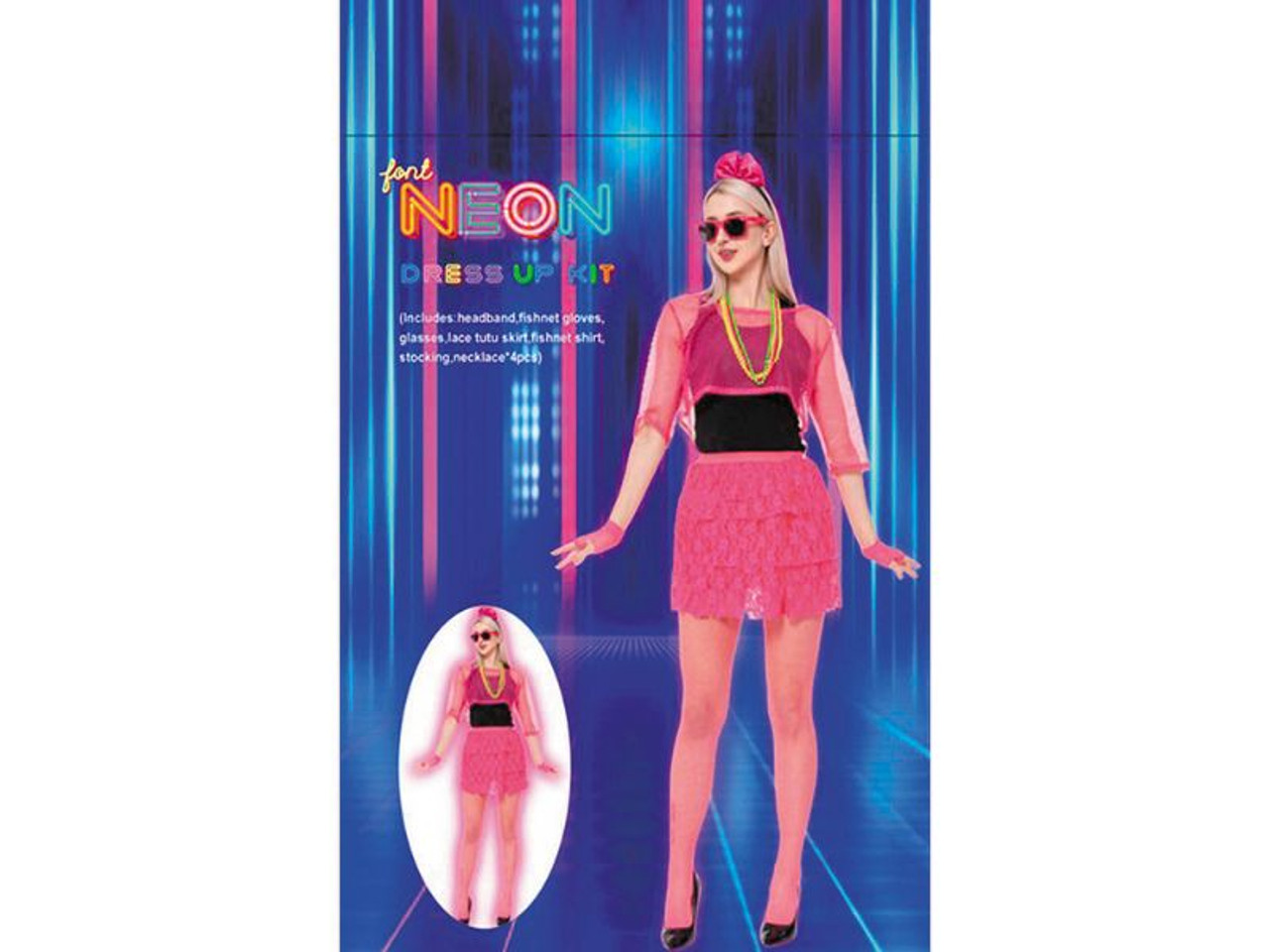 Neon Pink 80's Outfit Costume Accessory Kit - 11 Pc
