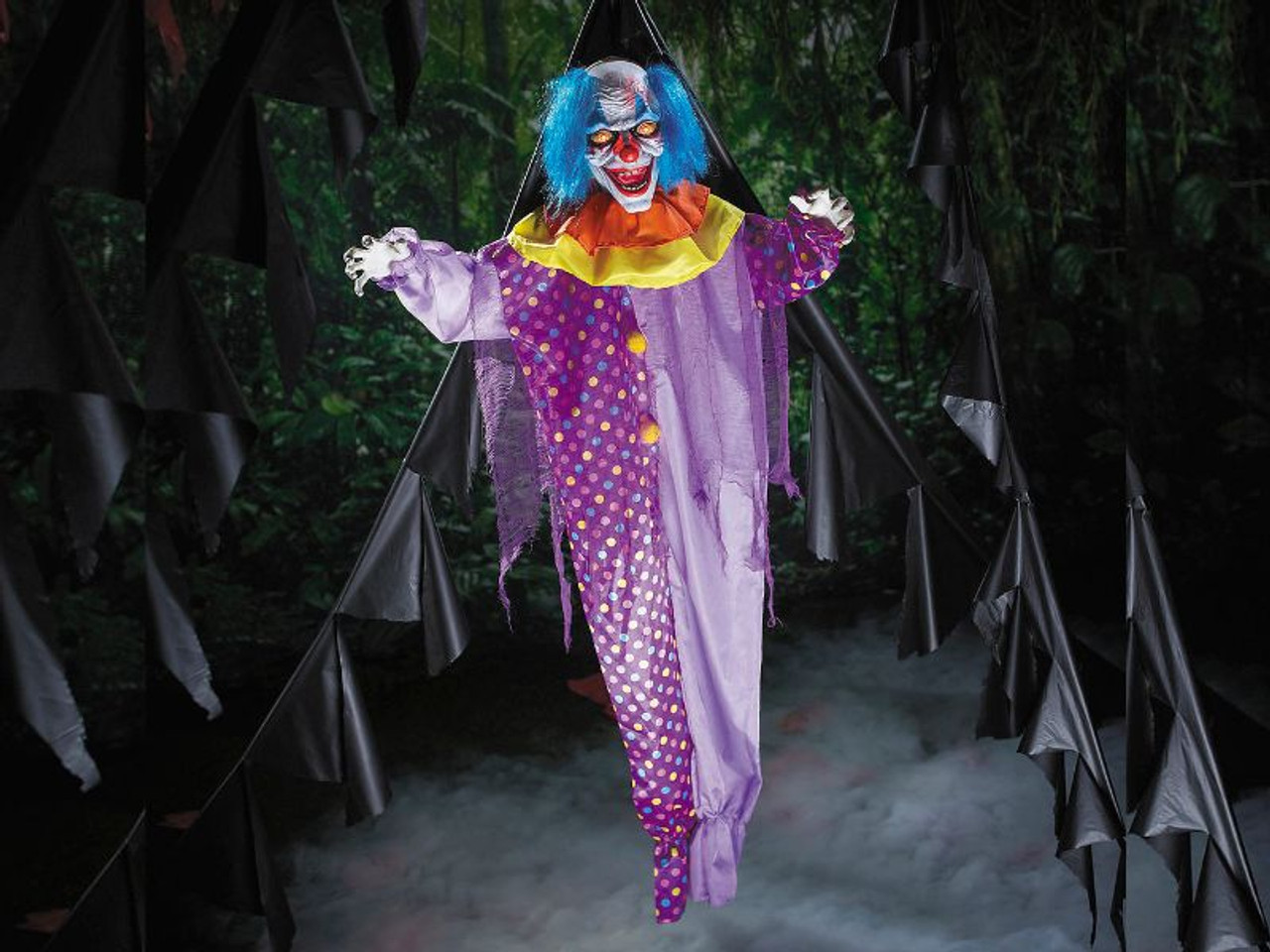 6ft talking Halloween clown with blue hair and purple suit