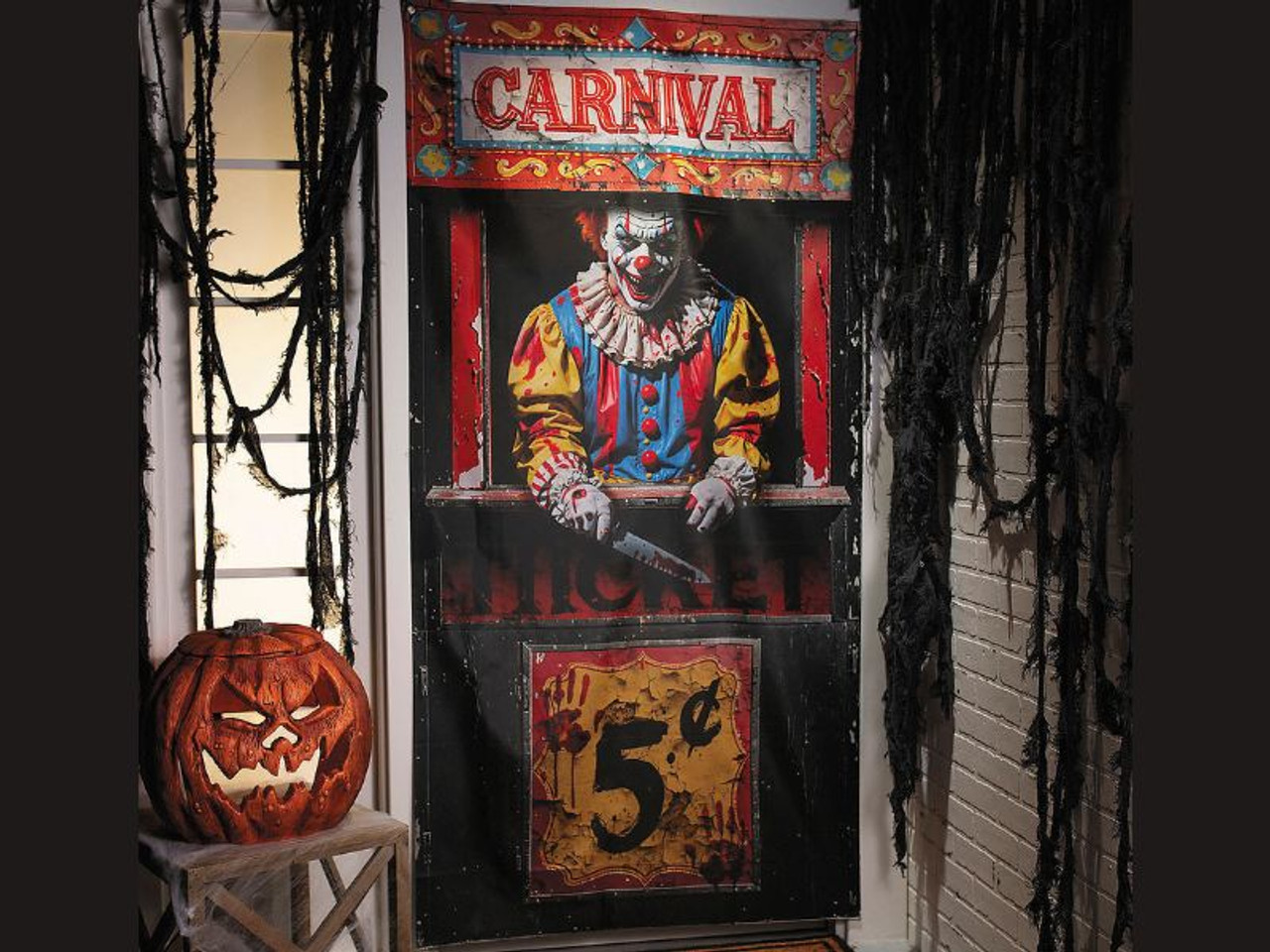 Bloody clown door curtain with knife and carnival booth