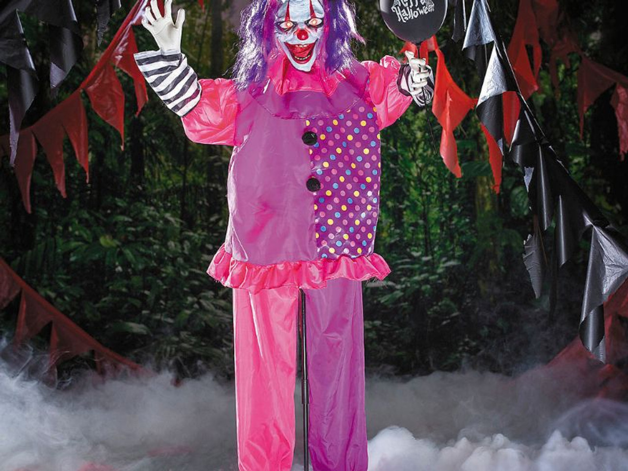 Animated Standing Clown with Black Balloon - 5 Ft. 8"
