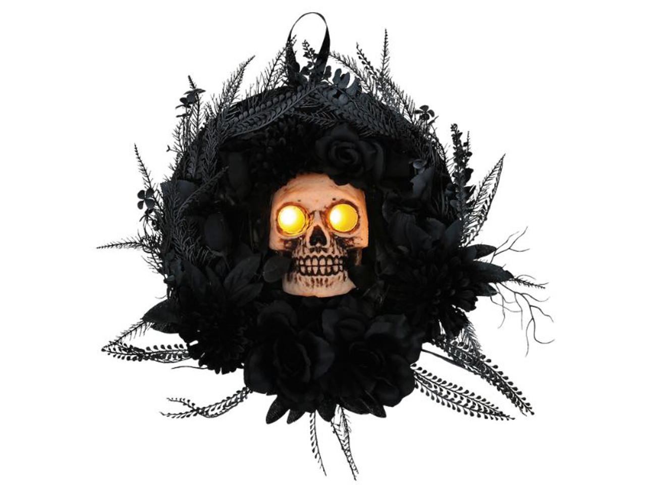 black Halloween wreath with light-up skull centerpiece