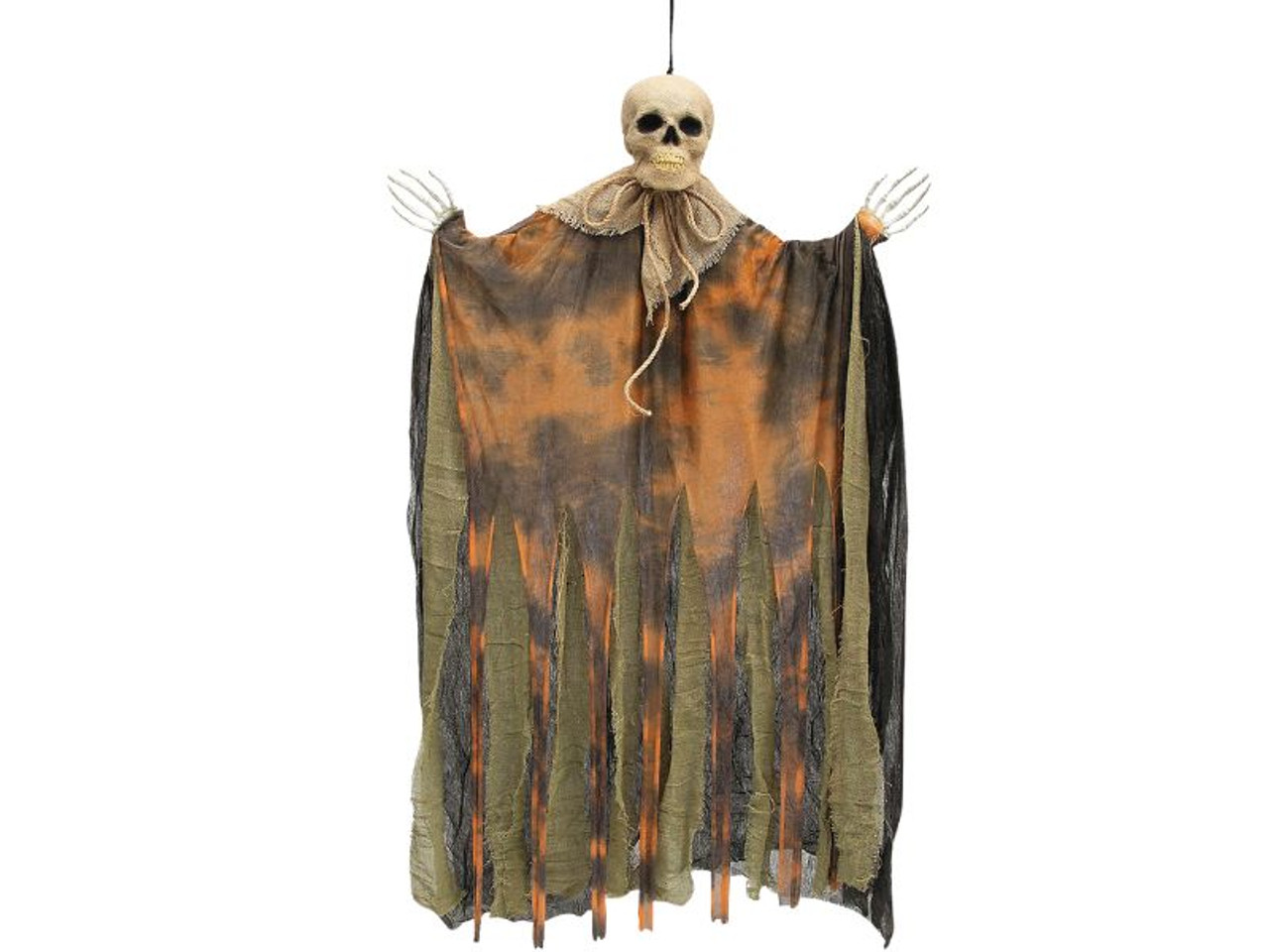 Hanging pumpkin man with burlap skull and tattered clothes