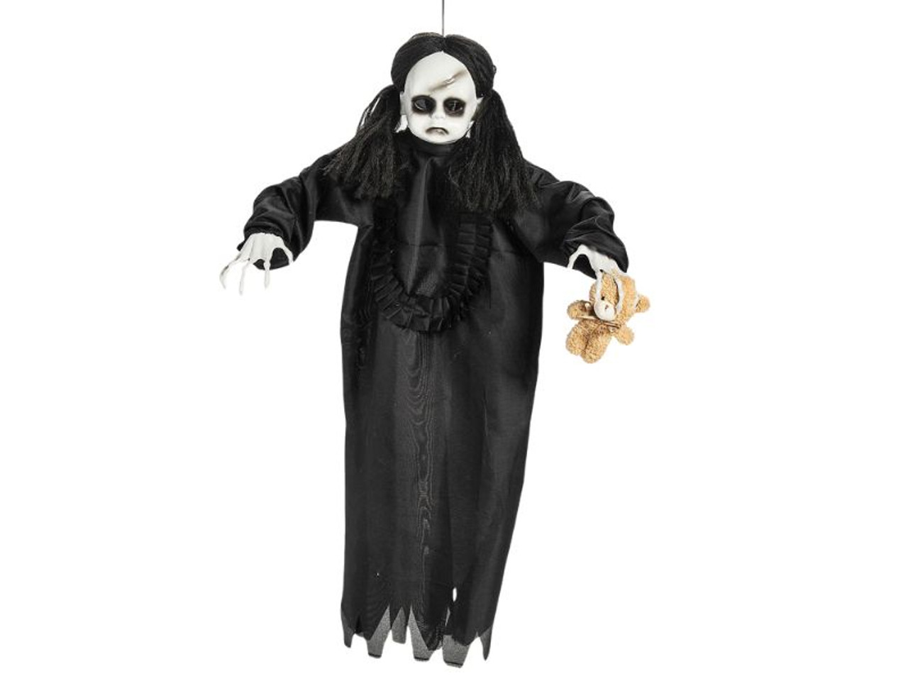 Creepy hanging Halloween girl with glowing red eyes and stuffed bear