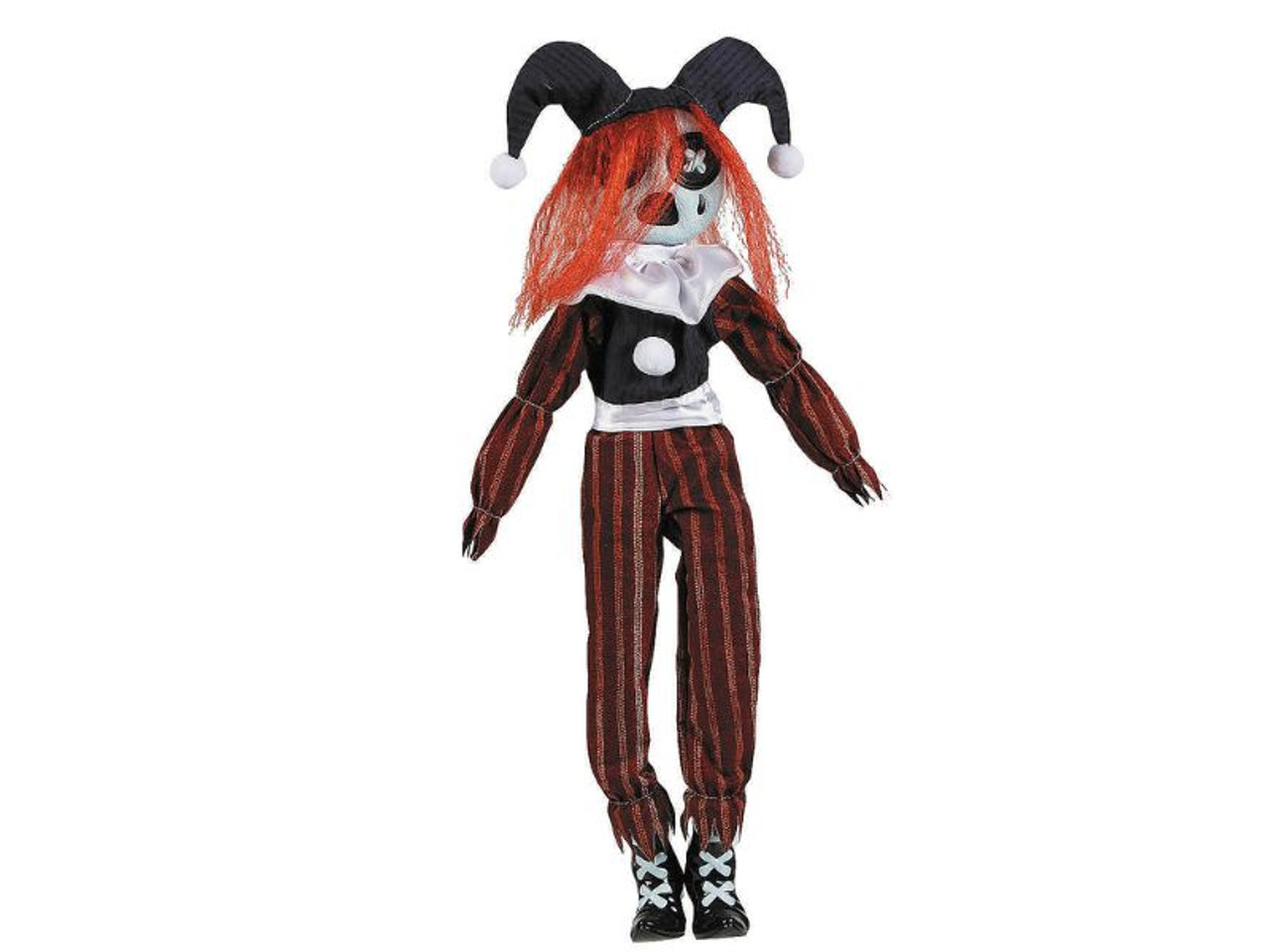 Black and red clown prop with sad painted face and jester hat