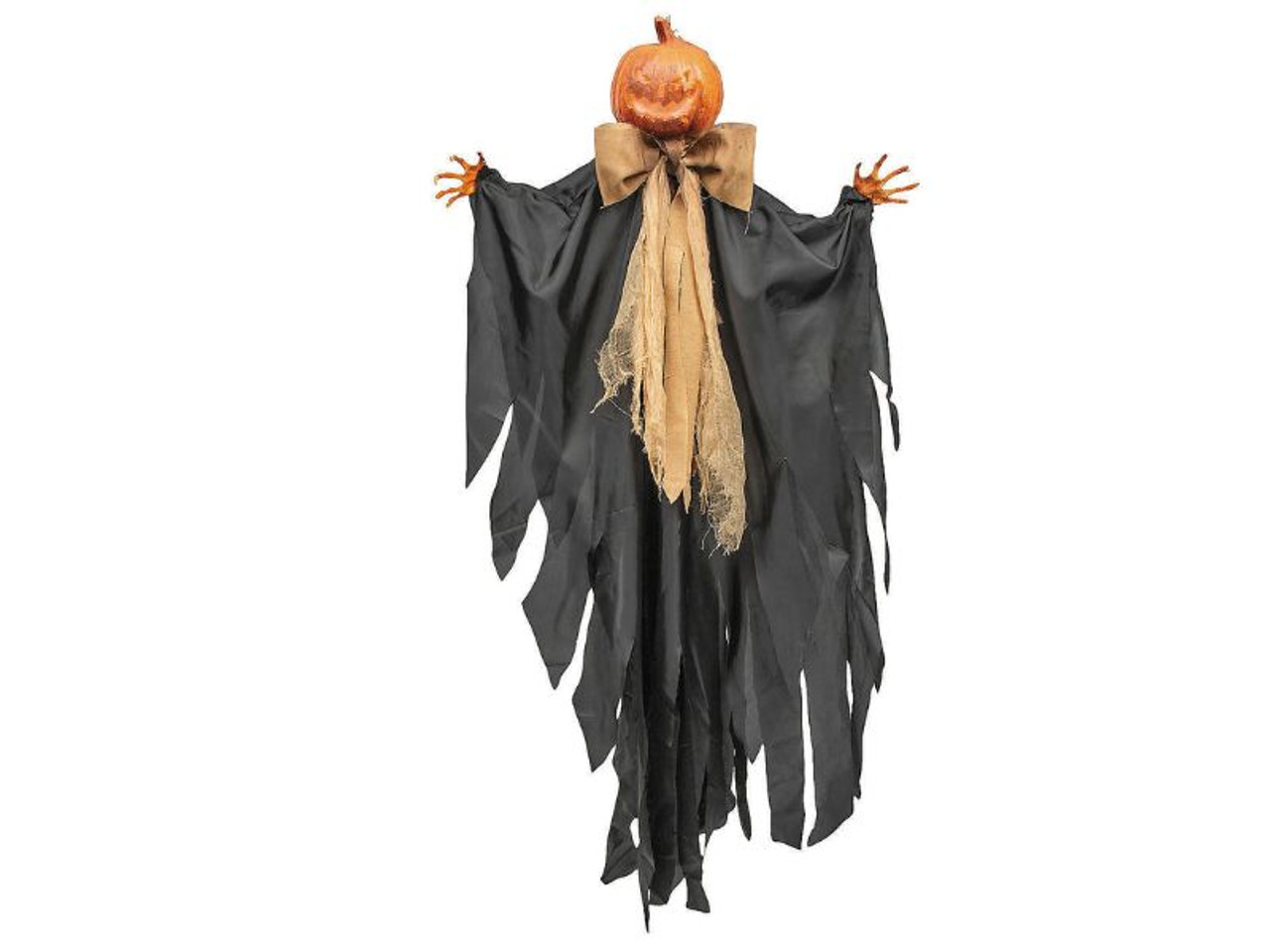 Animated hanging pumpkin man with glowing jack-o’-lantern head