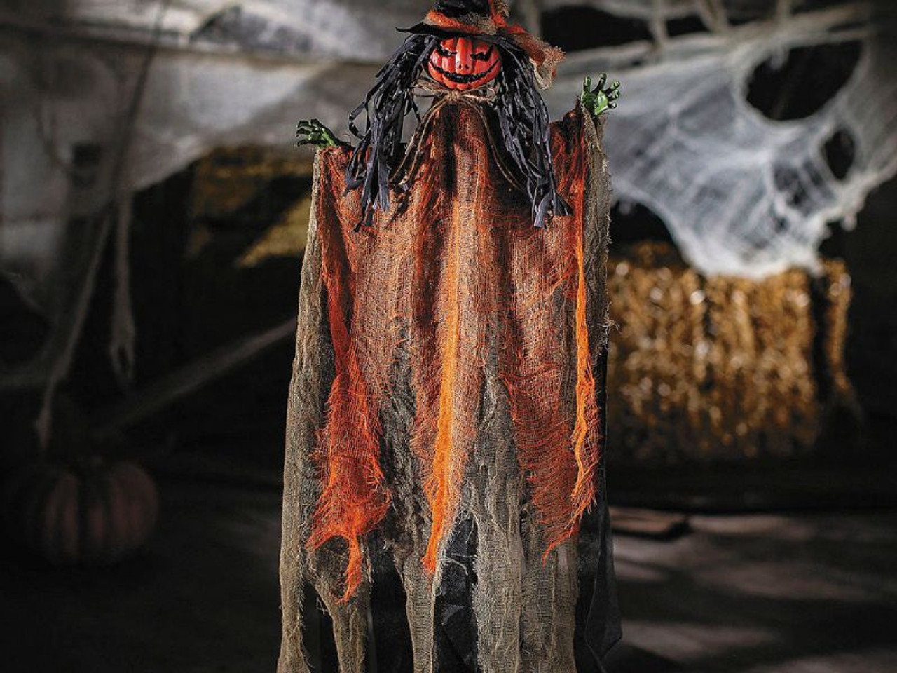 Hanging Orange Pumpkinhead Scarecrow with Hat - 27 1/2"