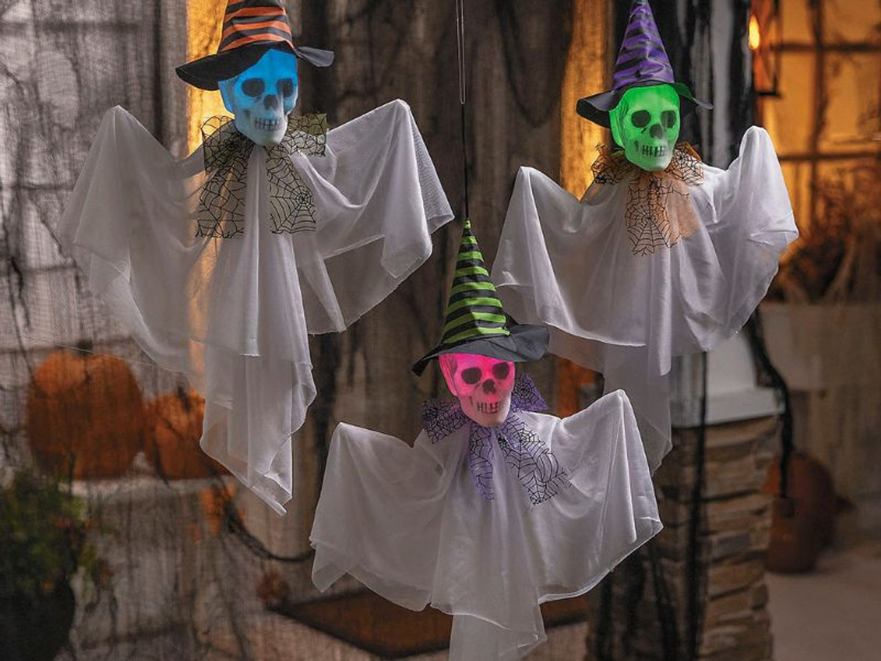 Hanging Light-Up Skeleton Face Ghosts with Witch Hats - 23 1/2"