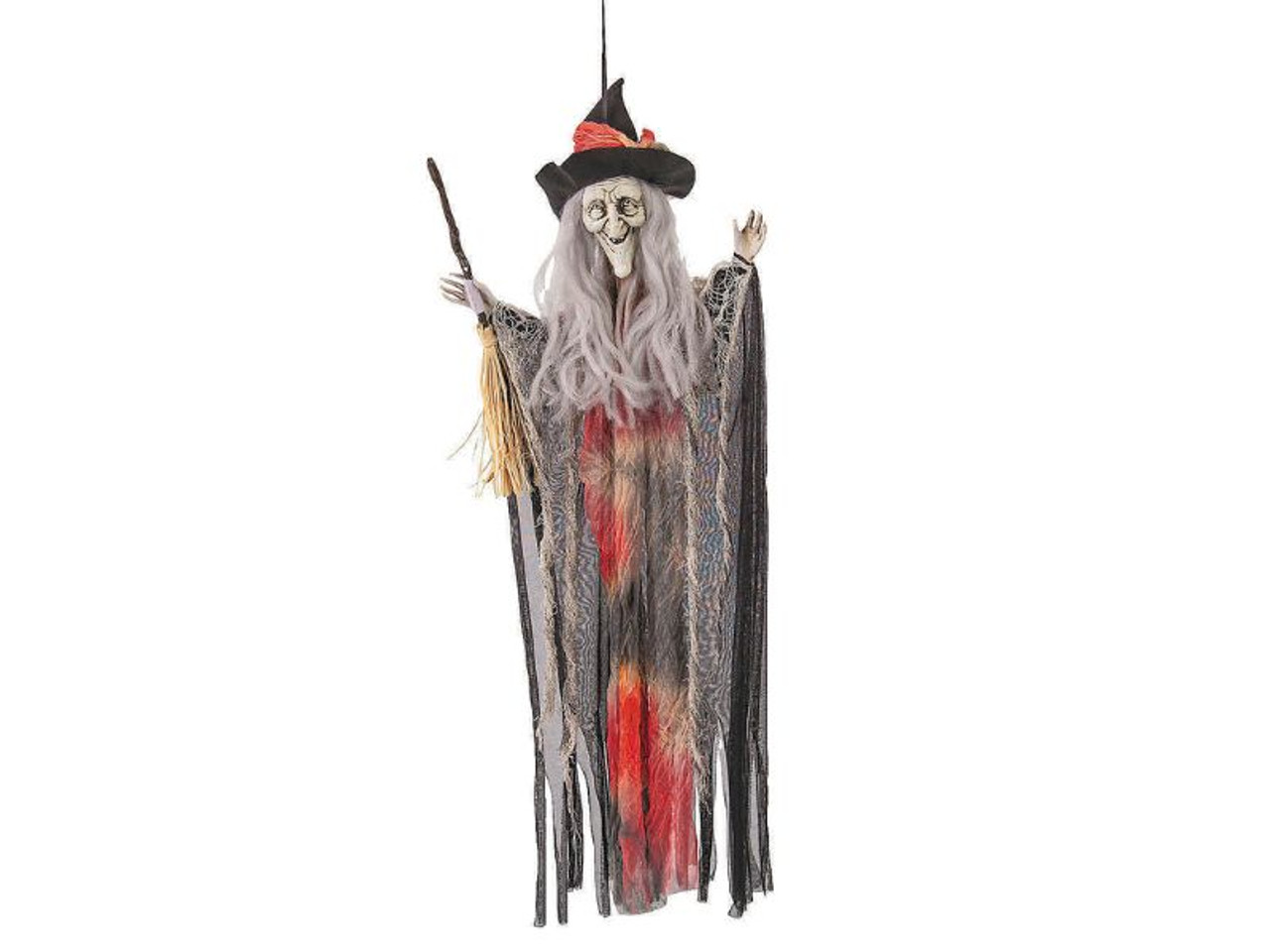 Wrinkled witch face with gray hair and black pointed hat