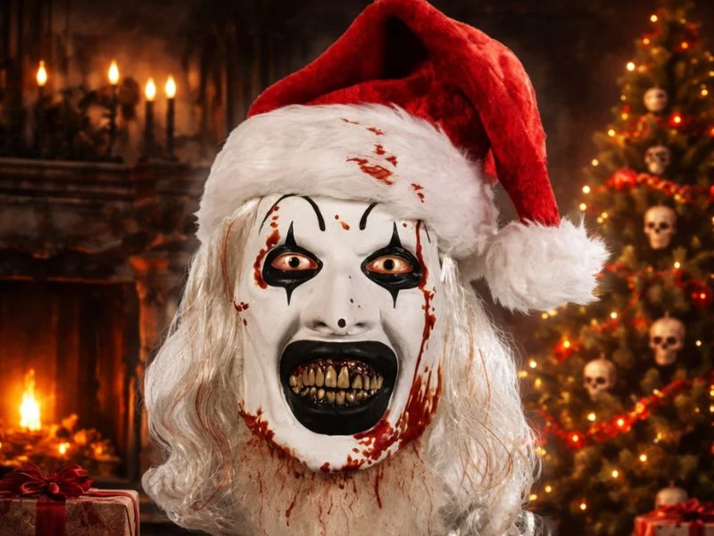 A scary clown mask with white face paint, black clown makeup around the eyes, red-rimmed eyes, and blood splatters, wearing a Santa hat with a Christmas tree, fireplace and candles in the background.