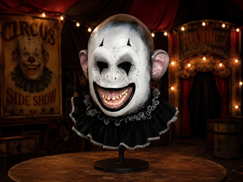 Scary monkey clown mask displayed on a stand in a vintage carnival sideshow with glowing circus lights