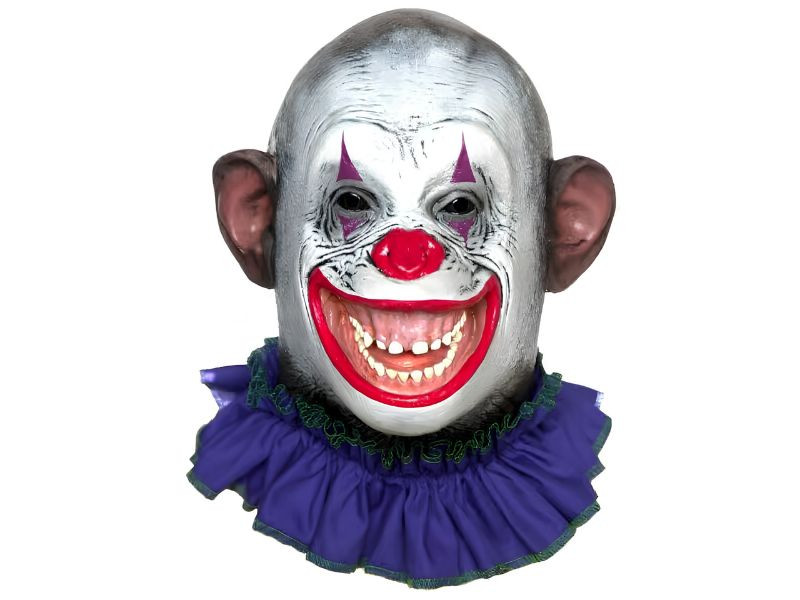 Circus Crazy Ape latex overhead mask with clown face, red nose, purple ruffle, and oversized ears