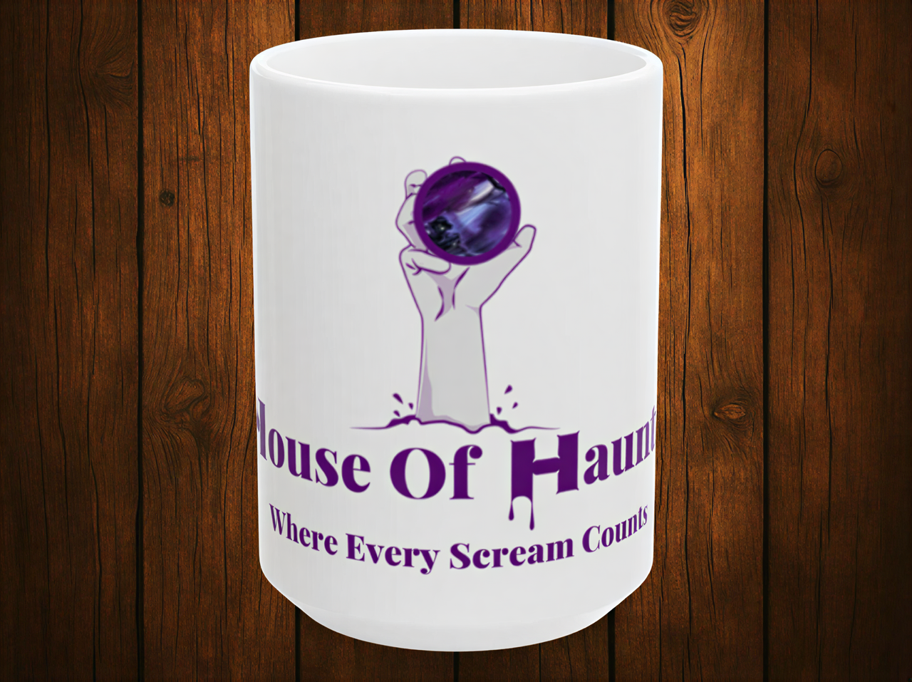 15oz House of Hauntz Halloween coffee cup featuring Where Every Scream Counts design