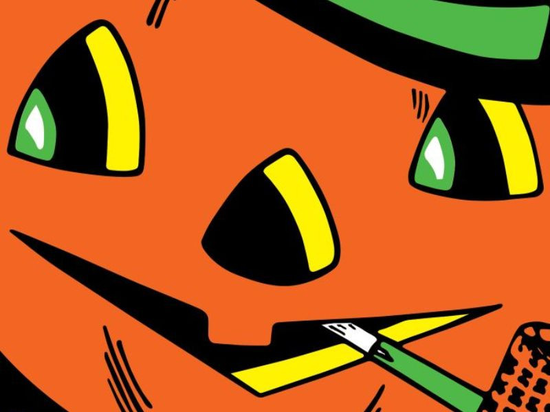 Close-up of a smiling orange jack-o'-lantern with a green hat and a pipe.