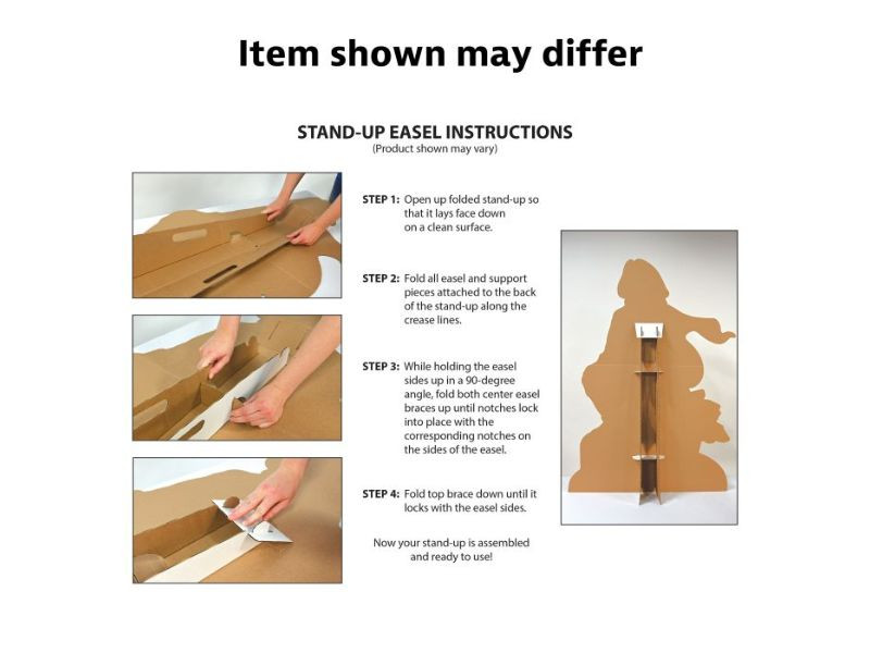 Instructions for assembling a stand-up easel, with four illustrated steps for unfolding, folding, and locking the easel braces.