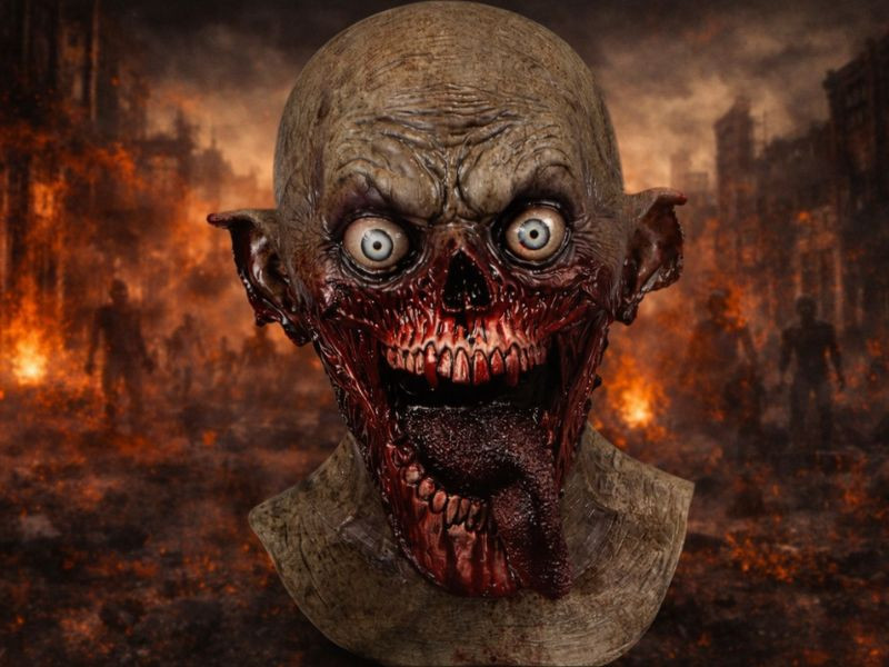 A grotesque zombie mask with exposed teeth and flesh is displayed against a backdrop of burning buildings and silhouetted figures.