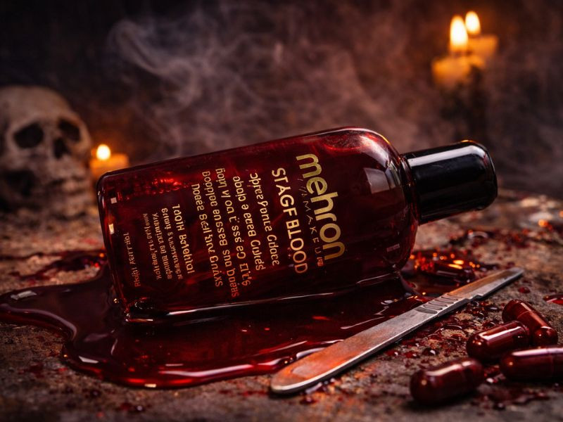mehron bright arterial stage blood 4.5 oz fake blood bottle leaned over with a spooky background