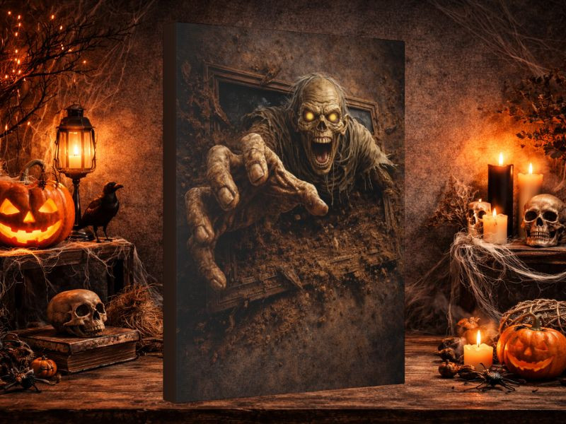 A spooky Halloween scene featuring a jack-o'-lantern, a crow, skulls, candles, and cobwebs on a wooden table against a textured background with a zombie breaking out of a frame on the wall.
